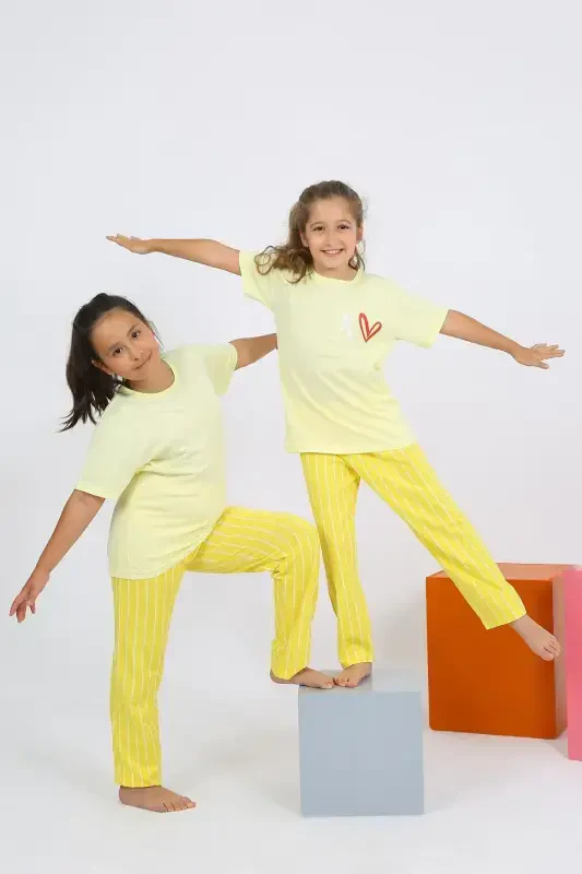 Akbeniz Kız Çocuk Kısa Kol Sarı Penye Pijama Takım 20432 - 4