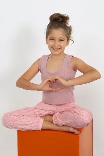 Akbeniz Kız Çocuk Sıfır Kol Gül Kurusu Penye Pijama Takım 20433 - 4