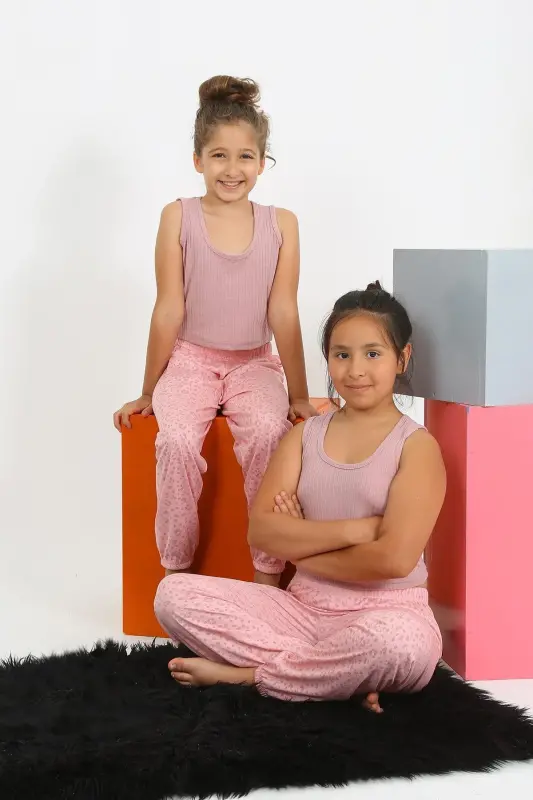 Akbeniz Kız Çocuk Sıfır Kol Gül Kurusu Penye Pijama Takım 20433 - 5