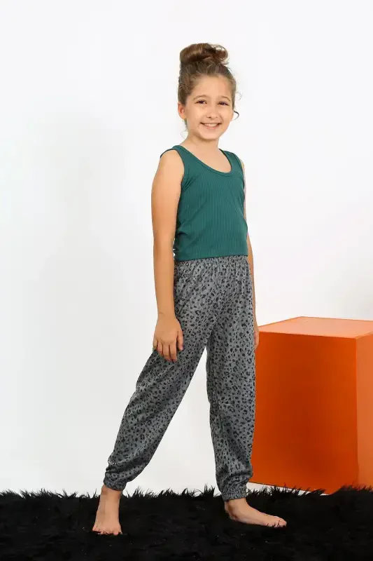 Akbeniz Kız Çocuk Sıfır Kol Zümrüt Yeşili Penye Pijama Takım 20433 - 2