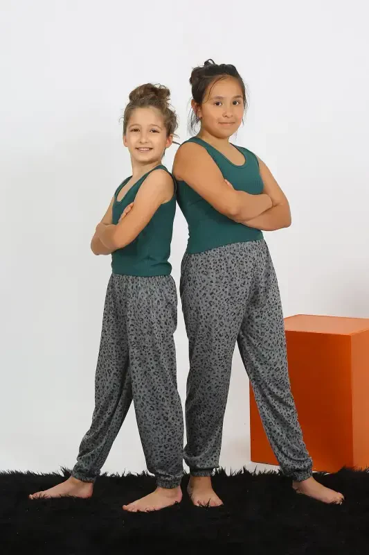 Akbeniz Kız Çocuk Sıfır Kol Zümrüt Yeşili Penye Pijama Takım 20433 - 3