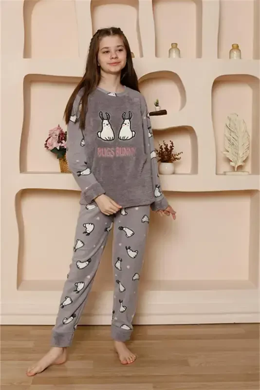 Akbeniz Kız Çocuk WelSoft Polar Gri Pijama Takımı 20524 - 3