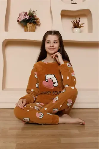 Akbeniz Kız Çocuk WelSoft Polar Sütlü Kahve Pijama Takımı 20523 - AKBENIZ (1)