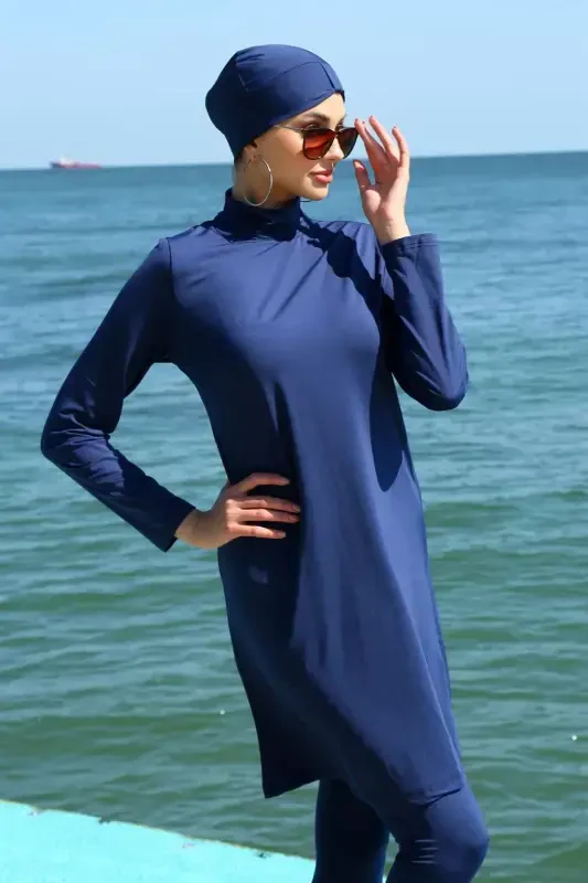 Akbeniz Long Sleeve Lycra Navy Blue Modest Swimsuit 31055 - 1