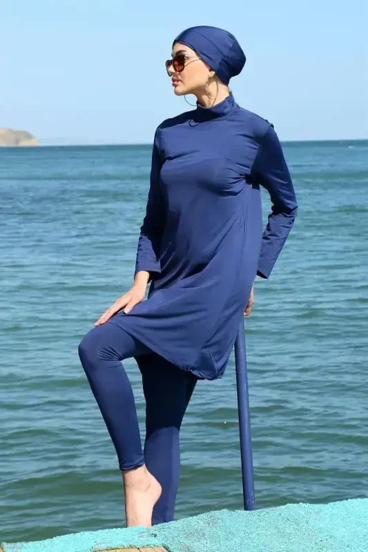 Akbeniz Long Sleeve Lycra Navy Blue Modest Swimsuit 31055 - 4