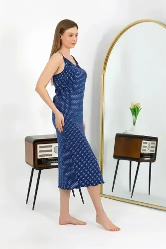 Akbeniz Long Slit Cotton Nightgown 90130 Navy - AKBENIZ (1)