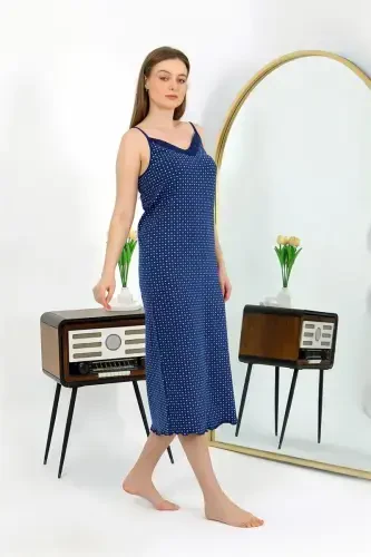Akbeniz Long Slit Cotton Nightgown 90130 Navy - 3