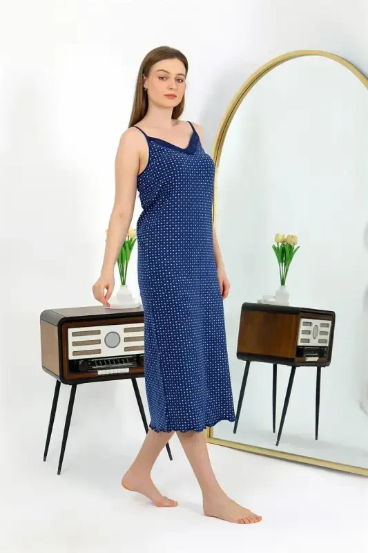 Akbeniz Long Slit Cotton Nightgown 90130 Navy - 3