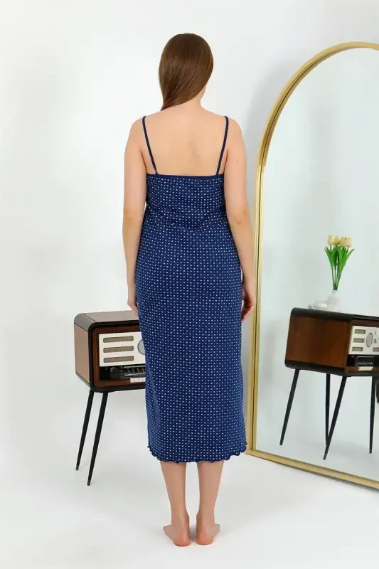 Akbeniz Long Slit Cotton Nightgown 90130 Navy - 4