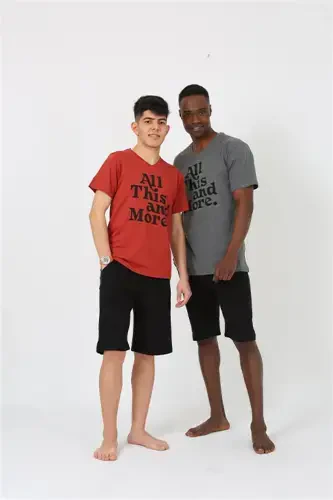 Akbeniz Men Young Waiter Boy Short Sleeve Burgundy Knitted Shorts Pajamas Set 20377 - 3