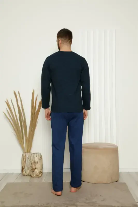 Akbeniz Men's 100% Cotton Front Buttoned Pocketed Long Sleeve Pajama Set 6768 - 3