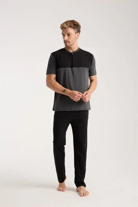 Akbeniz Men's Anthracite Buttoned Collar Short Sleeve Pajama Set - 2