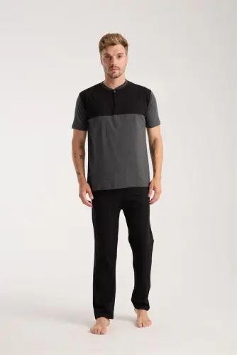Akbeniz Men's Anthracite Buttoned Collar Short Sleeve Pajama Set - 3
