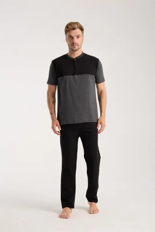 Akbeniz Men's Anthracite Buttoned Collar Short Sleeve Pajama Set - 3