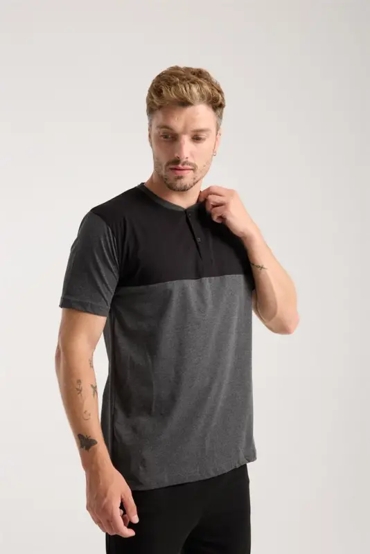 Akbeniz Men's Anthracite Buttoned Collar Short Sleeve Pajama Set - 5