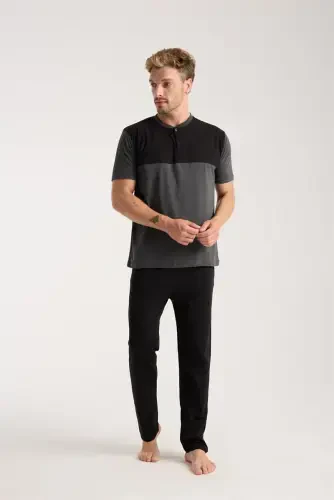 Akbeniz Men's Anthracite Buttoned Collar Short Sleeve Pajama Set - AKBENIZ (1)