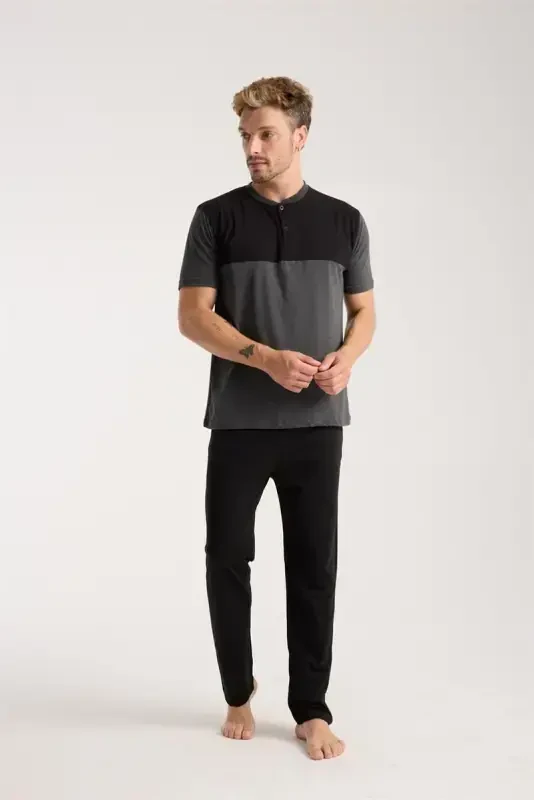 Akbeniz Men's Anthracite Buttoned Collar Short Sleeve Pajama Set - 2