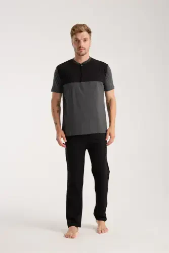 Akbeniz Men's Anthracite Buttoned Collar Short Sleeve Pajama Set - 3