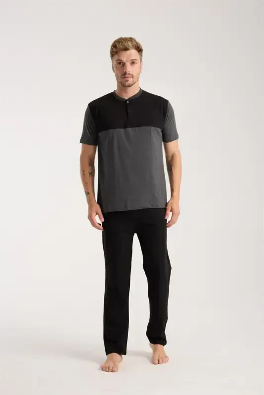 Akbeniz Men's Anthracite Buttoned Collar Short Sleeve Pajama Set - 3