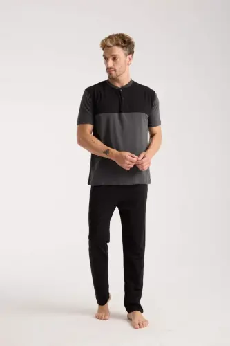 Akbeniz Men's Anthracite Buttoned Collar Short Sleeve Pajama Set - BÜYÜKBEDENIZ (1)