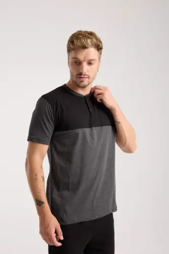 Akbeniz Men's Anthracite Buttoned Collar Short Sleeve Pajama Set - 5