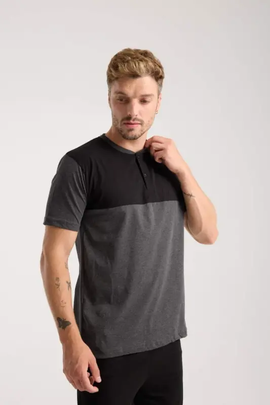 Akbeniz Men's Anthracite Buttoned Collar Short Sleeve Pajama Set - 5
