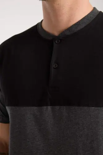 Akbeniz Men's Anthracite Buttoned Collar Short Sleeve Pajama Set - 6