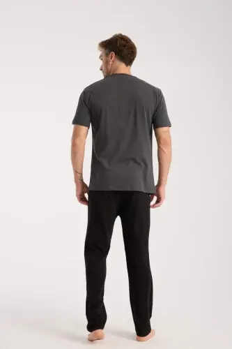 Akbeniz Men's Anthracite Buttoned Collar Short Sleeve Pajama Set - 7