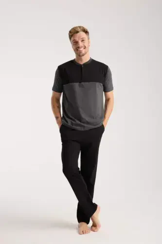 Akbeniz Men's Anthracite Buttoned Collar Short Sleeve Pajama Set - 1