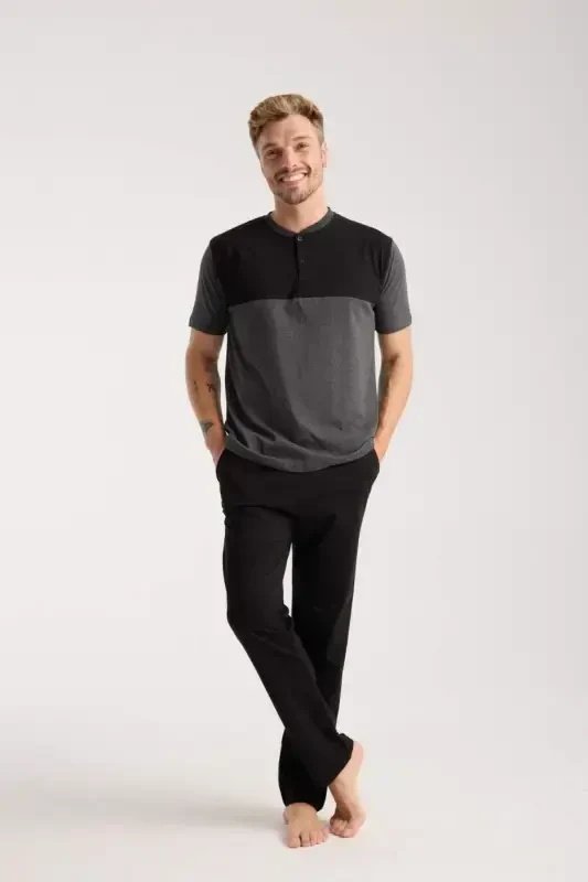 Akbeniz Men's Anthracite Buttoned Collar Short Sleeve Pajama Set - 1