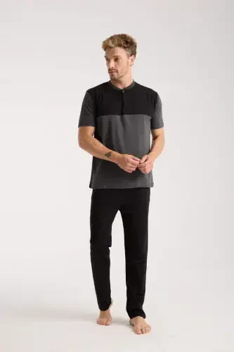 Akbeniz Men's Anthracite Buttoned Collar Short Sleeve Pajama Set - BÜYÜKBEDENIZ (1)