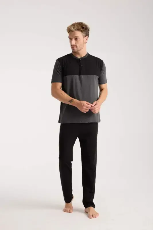 Akbeniz Men's Anthracite Buttoned Collar Short Sleeve Pajama Set - 2
