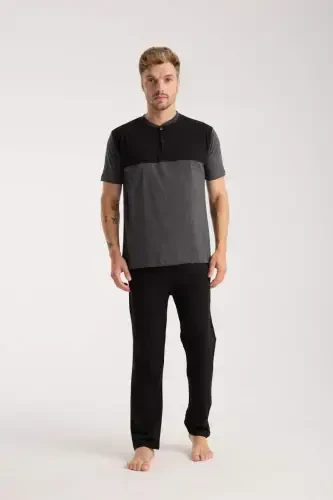 Akbeniz Men's Anthracite Buttoned Collar Short Sleeve Pajama Set - 3