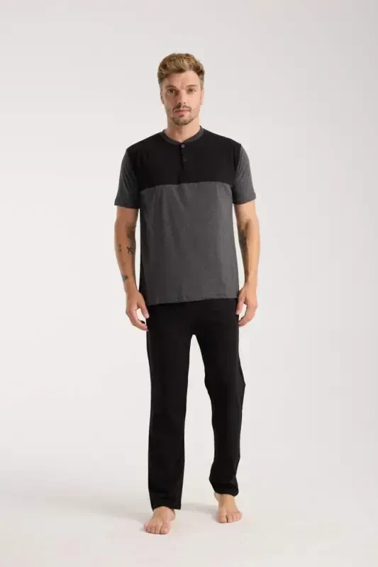 Akbeniz Men's Anthracite Buttoned Collar Short Sleeve Pajama Set - 3