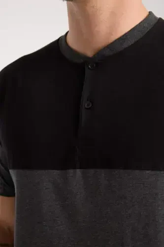 Akbeniz Men's Anthracite Buttoned Collar Short Sleeve Pajama Set - 6