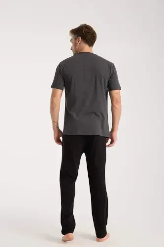 Akbeniz Men's Anthracite Buttoned Collar Short Sleeve Pajama Set - 7