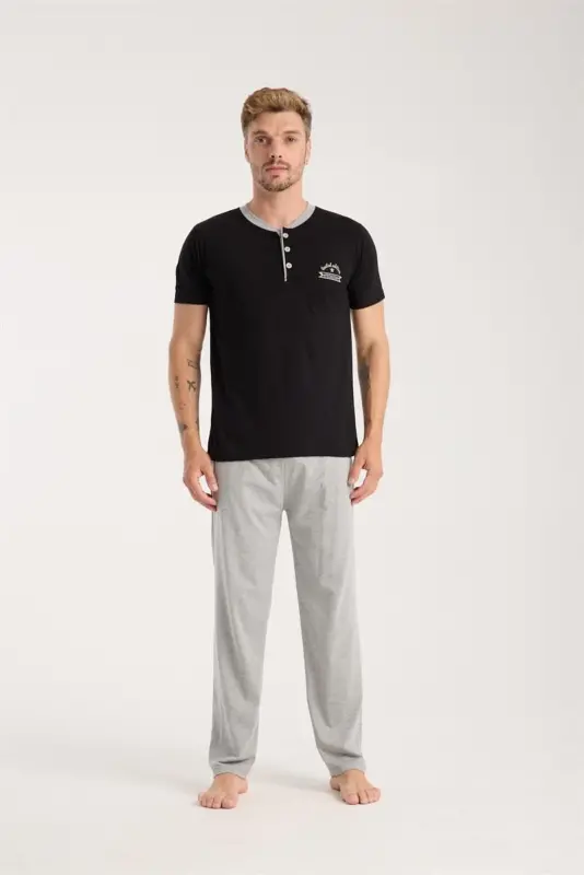 Akbeniz Men's Black Buttoned Collar Short Sleeve Pajama Set - 2