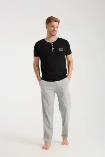 Akbeniz Men's Black Buttoned Collar Short Sleeve Pajama Set - 1