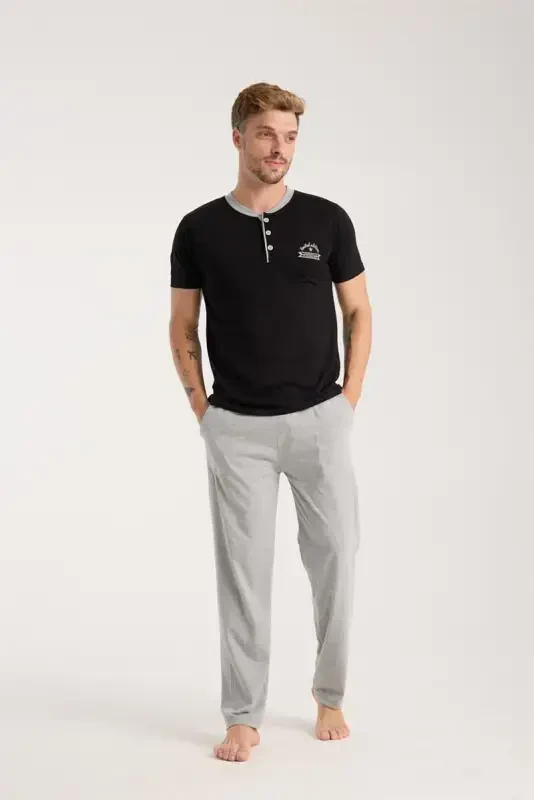 Akbeniz Men's Black Buttoned Collar Short Sleeve Pajama Set - 1