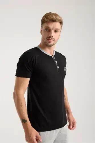 Akbeniz Men's Black Buttoned Collar Short Sleeve Pajama Set - 4