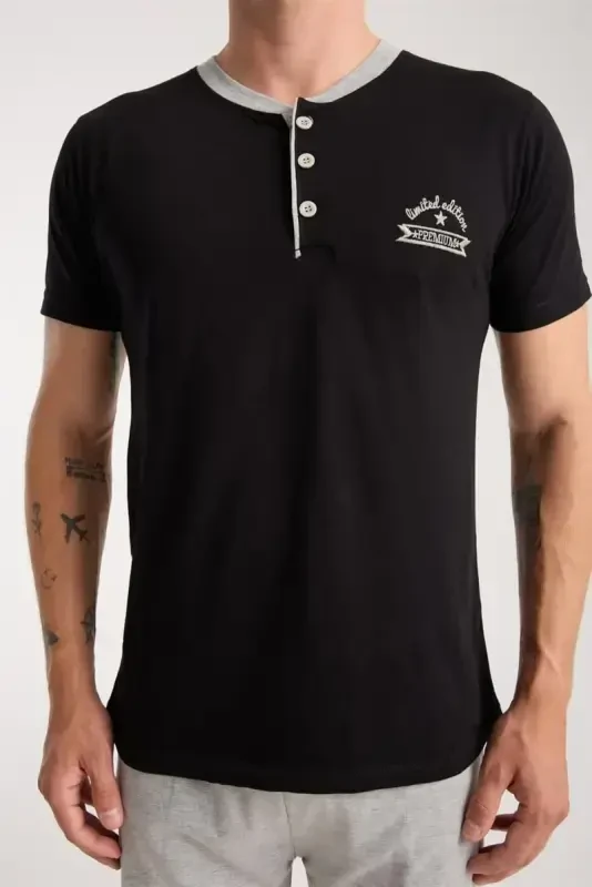 Akbeniz Men's Black Buttoned Collar Short Sleeve Pajama Set - 5