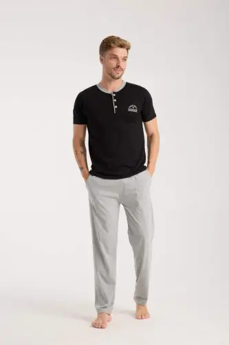 Akbeniz Men's Black Buttoned Collar Short Sleeve Pajama Set - 1