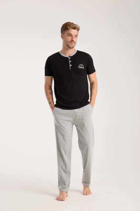 Akbeniz Men's Black Buttoned Collar Short Sleeve Pajama Set - BÜYÜKBEDENIZ