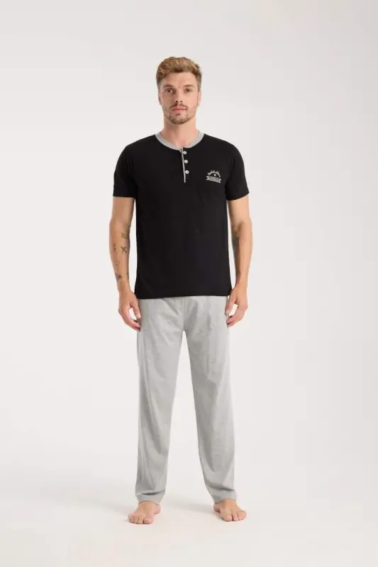 Akbeniz Men's Black Buttoned Collar Short Sleeve Pajama Set - 2