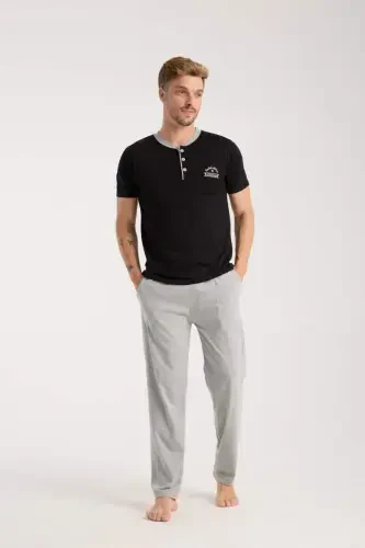 Akbeniz Men's Black Buttoned Collar Short Sleeve Pajama Set - 1