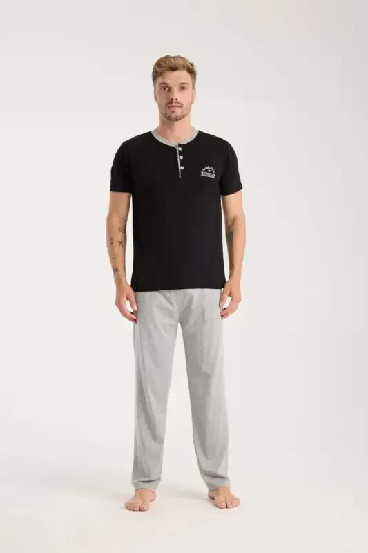 Akbeniz Men's Black Buttoned Collar Short Sleeve Pajama Set - 2