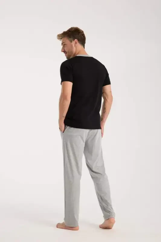 Akbeniz Men's Black Buttoned Collar Short Sleeve Pajama Set - 3