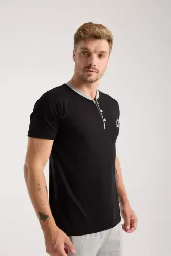 Akbeniz Men's Black Buttoned Collar Short Sleeve Pajama Set - 4