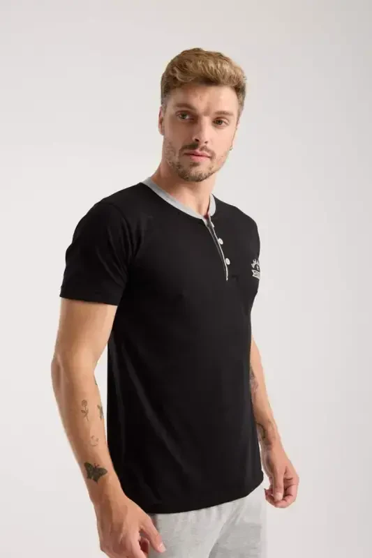 Akbeniz Men's Black Buttoned Collar Short Sleeve Pajama Set - 4
