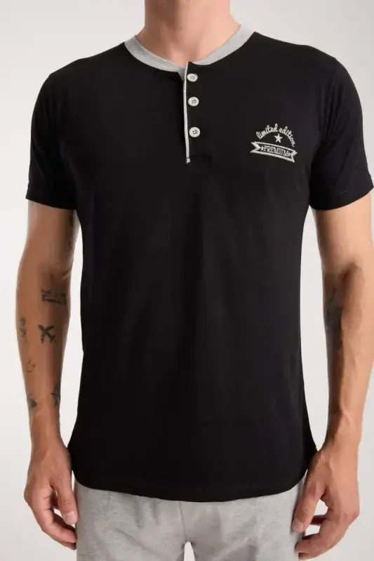 Akbeniz Men's Black Buttoned Collar Short Sleeve Pajama Set - 5